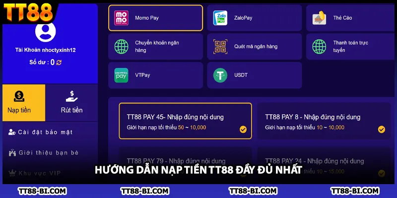 Hướng dẫn nạp tiền TT88 đầy đủ nhất